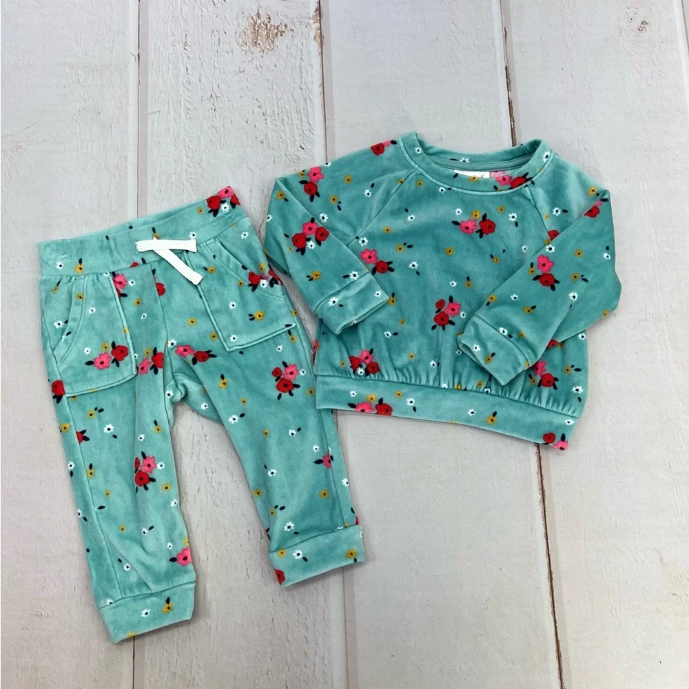 Baby Girls' Ocean Green Floral Long Sleeved Pullover Shirt & Jogger‎ Pants